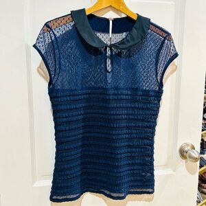 Free People Smocked Lace Navy Blue Sleeveless Top Twee Romantic Academia Size M